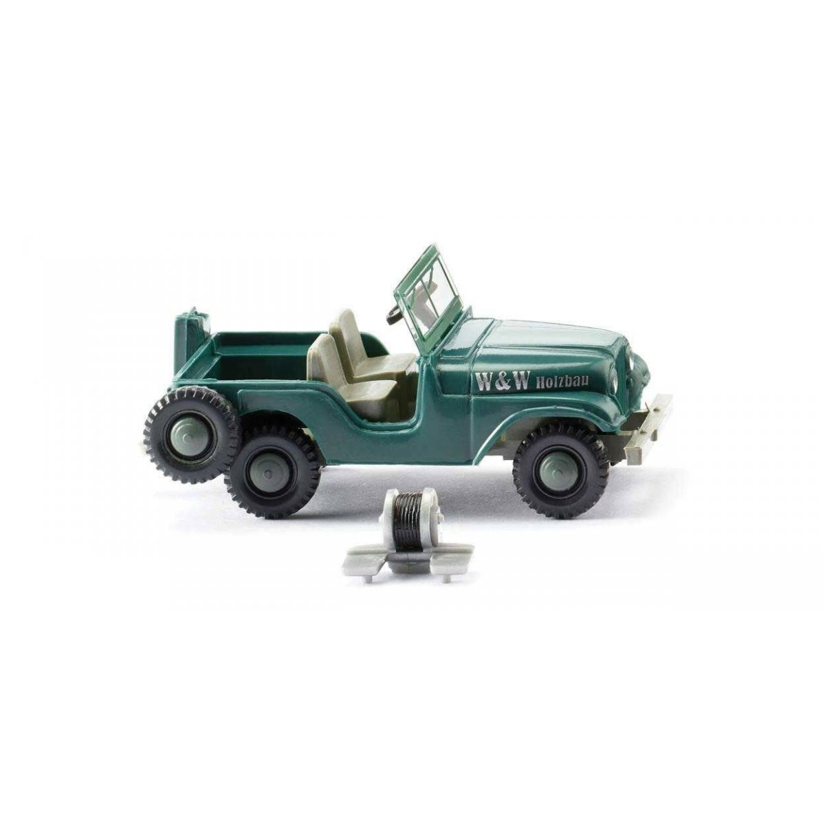 1952 Jeep Globetrotter - Assembled -- W & W Holzbau (green, German Lettering), HO, Wiking 1103