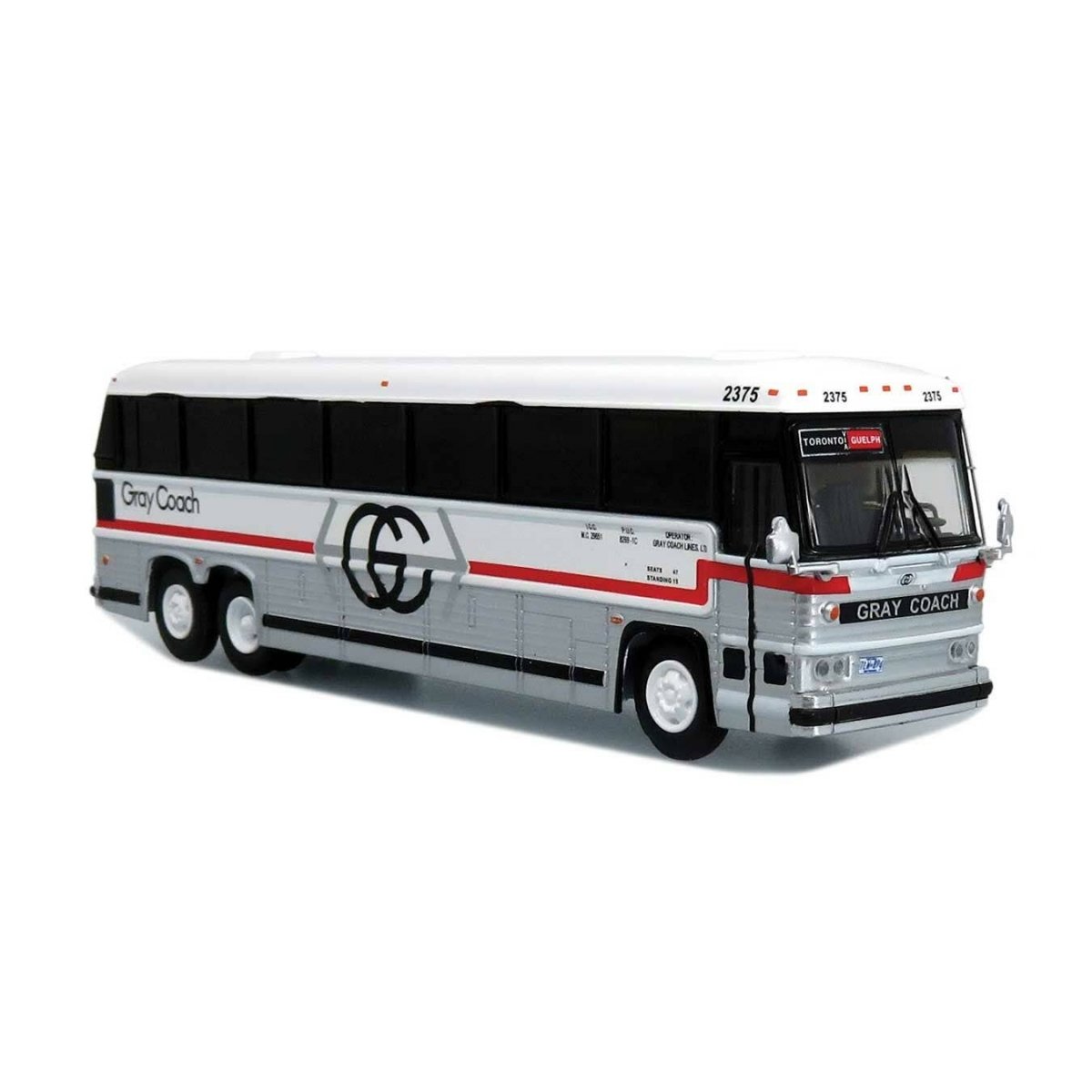 1985 MCI MC-9 Motorcoach Bus - Assembled -- Gray Coach (white, red, gray), HO, Iconic Replicas 870330