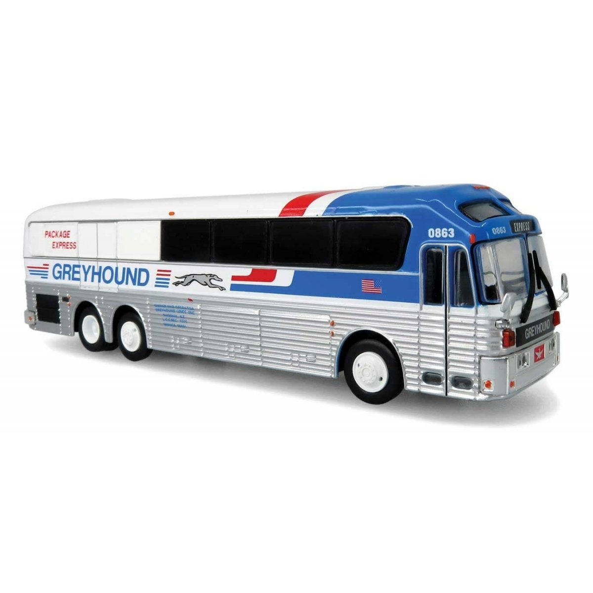 1986 Eagle Model 10 Bus - Assembled -- Greyhound Package Express (silver, white, blue, red), HO, Iconic Replicas 870462