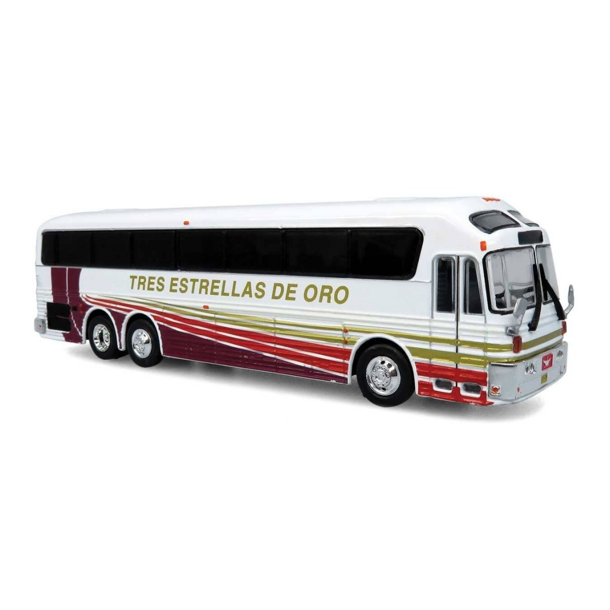 1986 Eagle Model 10 Bus - Assembled -- Tres Estrellas de Oro (white, black, maroon, yellow, Spanish Lettering), HO, Iconic Repli