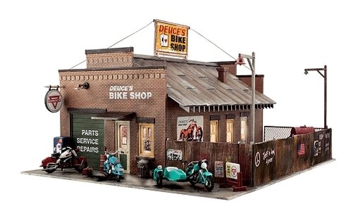 Deuce`s Cycle Shop - Built-&-Ready Landmark Structures(R) -- Assembled - 11-3/4 x 10` 29.8 x 25., O, Woodland Scenics 5846