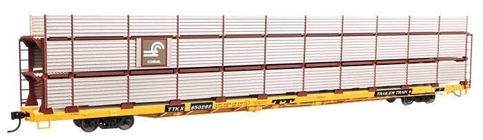 89′ Flatcar w/Tri-Level Shielded Auto Rack - Ready to Run -- Conrail 850282, TTKX Flatcar (yello, HO, WalthersMainline 8311