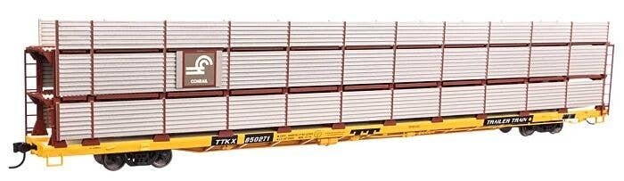 89′ Flatcar w/Tri-Level Shielded Auto Rack - Ready to Run -- Conrail 850271, TTKX Flatcar (yello, HO, WalthersMainline 8310