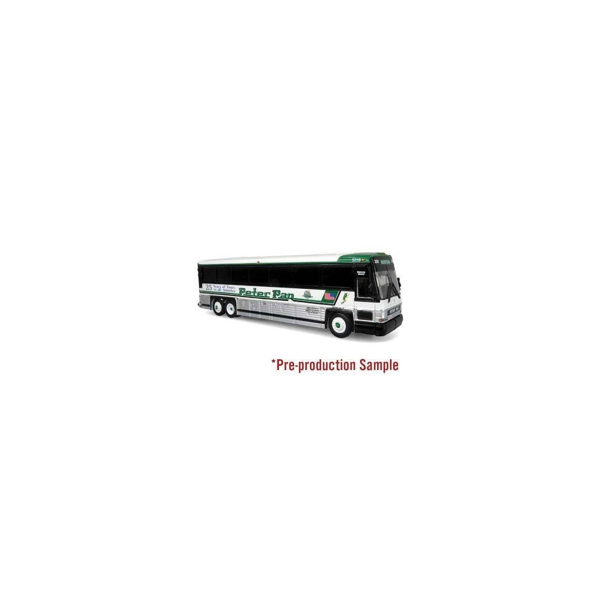 MCI D4000 Coach - Assembled -- Peter Pan (white, silver, green), HO, Iconic Replicas 870484