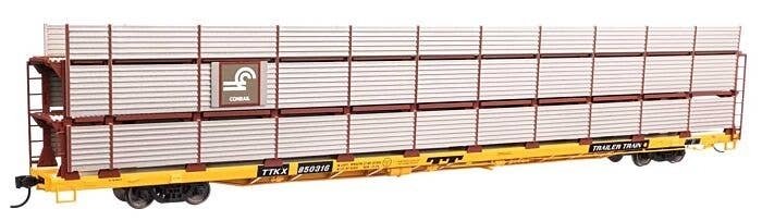89′ Flatcar w/Tri-Level Shielded Auto Rack - Ready to Run -- Conrail 850316, TTKX Flatcar (yello, HO, WalthersMainline 8312