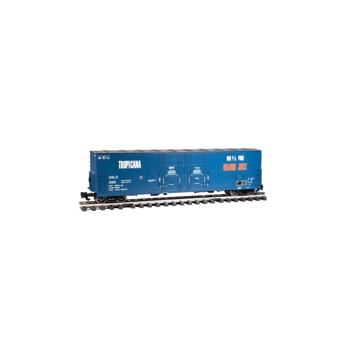 Evans 53Õ Double-Plug-Door Boxcar - Ready to Run -- Tropicana 13081 (blue, orange, white), G, Bachmann Industries 93574