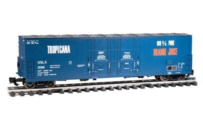 Evans 53Õ Double-Plug-Door Boxcar - Ready to Run -- Tropicana 13081 (blue, orange, white), G, Bachmann Industries 93574