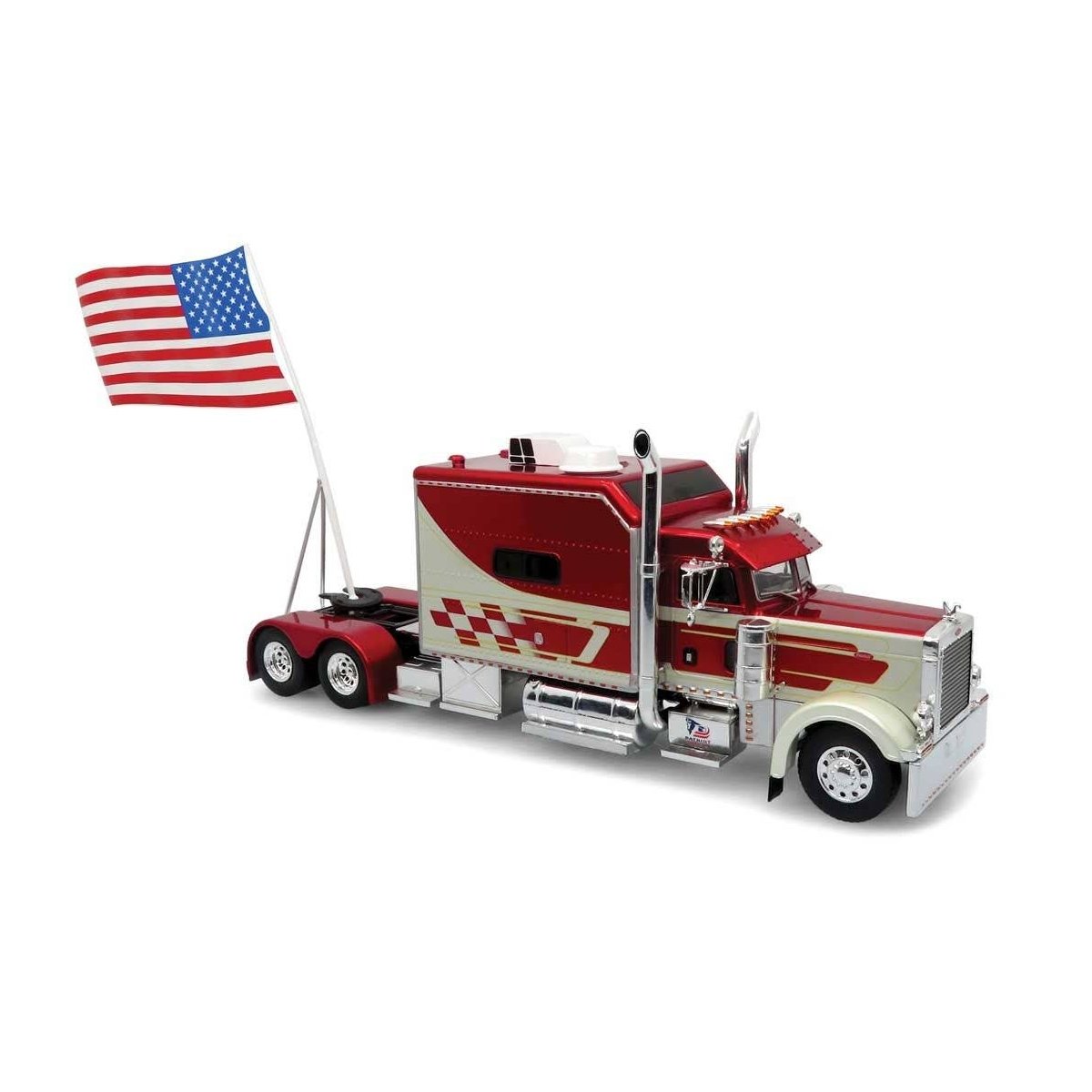 Peterbilt 379 Sleeper-Cab Semi Tractor Only - Assembled -- Red, Silver, American Flag Holder, 1/43, Iconic Replicas 430517