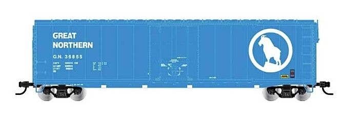 50′ Plug-Door Boxcar No Roofwalk - Ready to Run -- Great Northern 36829 (Big Sky Blue, white, Large , HO, Rivarossi HR6634B