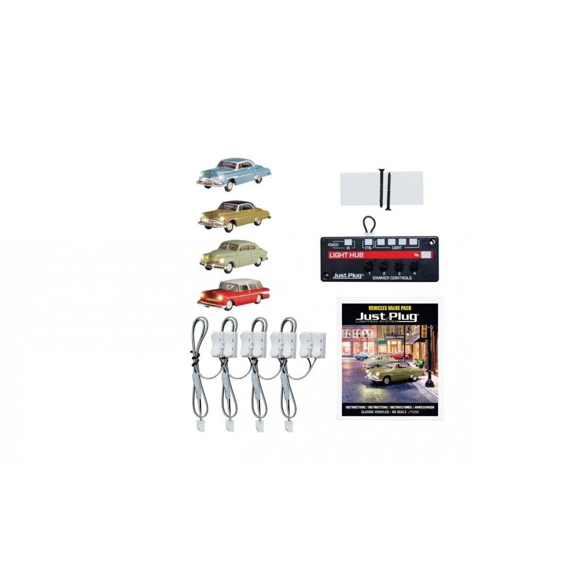 Classic Vehicles - Just Plug Value Pack -- 1 Each: Midnight Ride, Blue Coupe, Comfy Cruise, Downtown Drive & Light Hub, HO, Wood