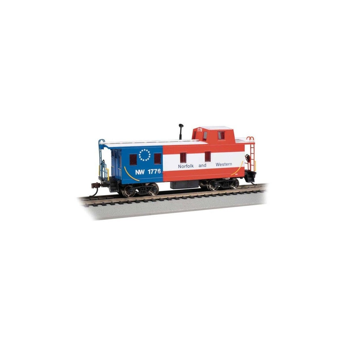 Slanted Offset-Cupola Caboose - Ready to Run -- Norfolk & Western 1776 (Bicentennial Scheme , HO, Bachmann Industries 14006