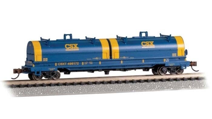 55′ Coil Car with Round Hoods and Load - Ready to Run -- CSX 496172 (blue, yellow hood ends, , N, Bachmann Industries 71452