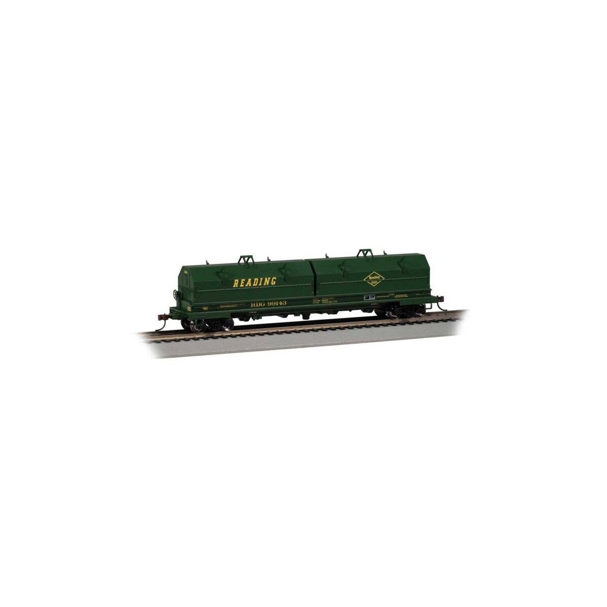 55′ Coil Car with Angled Hoods and Load - Ready to Run -- Reading 99143 (green, yellow), HO, Bachmann Industries 71427