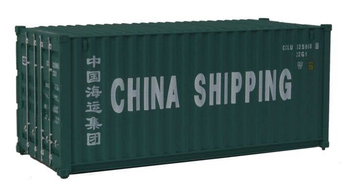 20′ Corrugated Container - Assembled -- China Shipping (green, white Billboard Lettering), HO, Walthers SceneMaster 8056