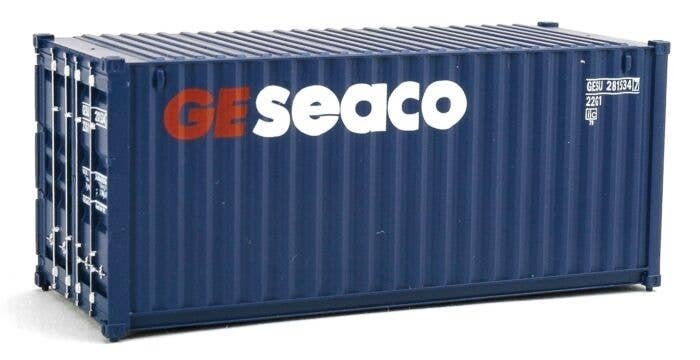 20′ Corrugated Container - Assembled -- GE Seaco (blue, white, red), HO, Walthers SceneMaster 8064