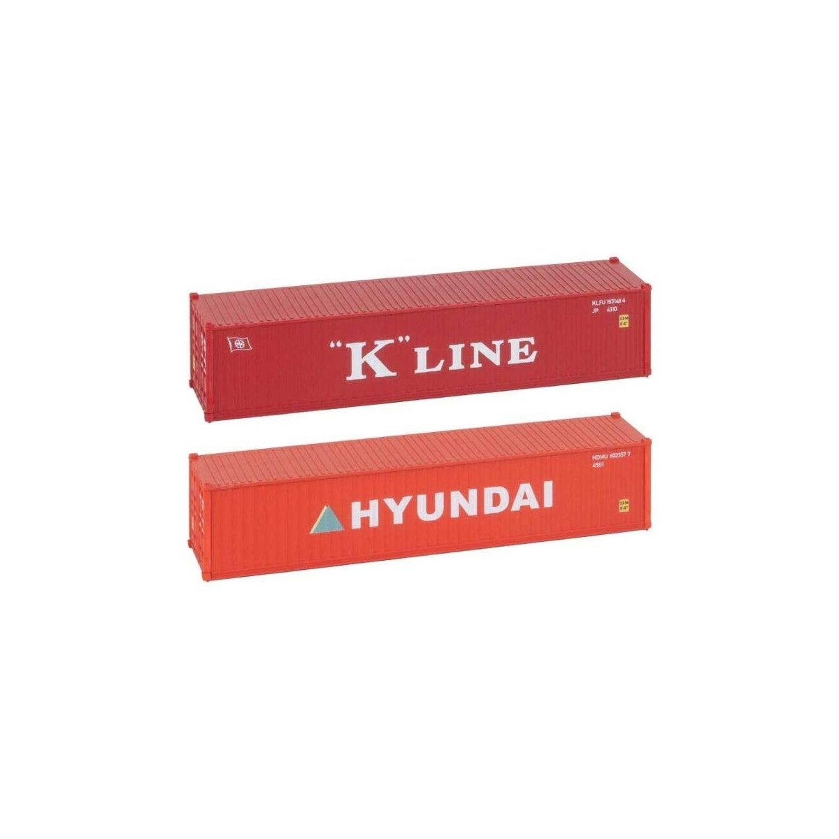 40′ Container 2-Pack - Ready to Run -- 1 Each Hyundai (orange), K-Line (red), HO, Faller Gmbh 182055