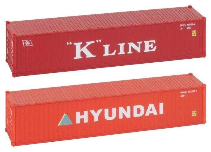 40′ Container 2-Pack - Ready to Run -- 1 Each Hyundai (orange), K-Line (red), HO, Faller Gmbh 182055