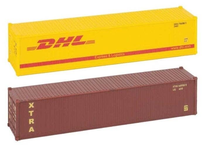40′ Container 2-Pack - Ready to Run -- 1 Each DHL (yellow), Xtra (brown), HO, Faller Gmbh 182056
