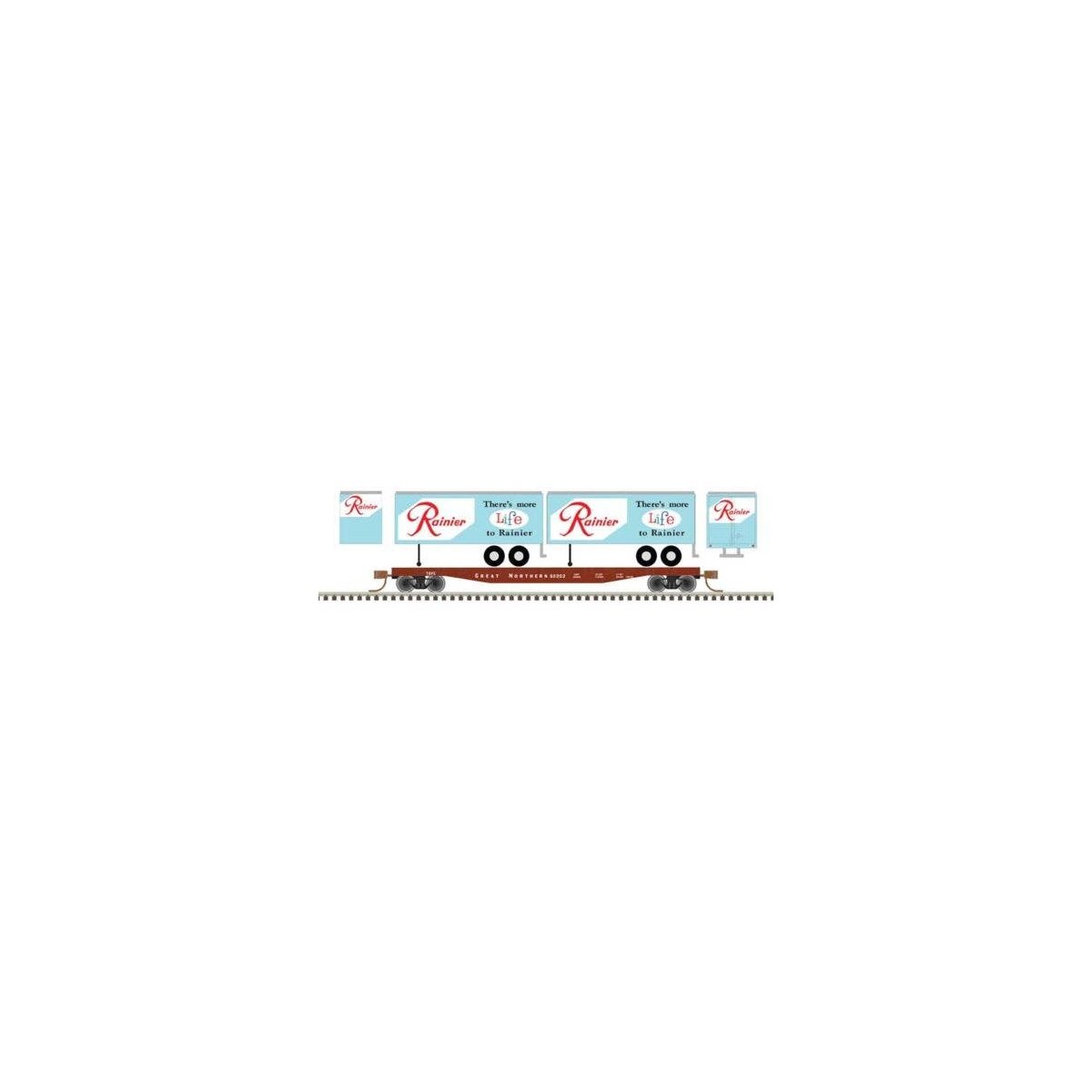 50` Piggyback Flatcar w/Two 24` Trailers - Ready to Run -- Great Northern 60220 (Rainier Trailers, bl, N, Trainman 50006514