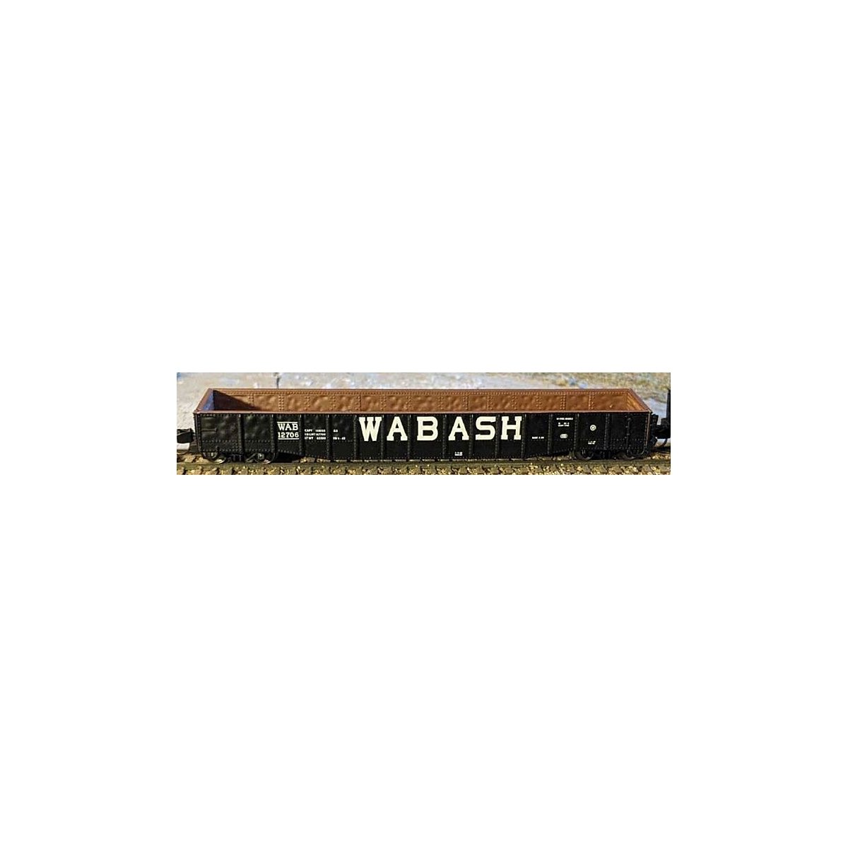 52`6` 15-Panel Mill Gondola - Lightly Dented Sides - Ready to Run -- Wabash 12744 (black, white), N, Bluford Shops 52180