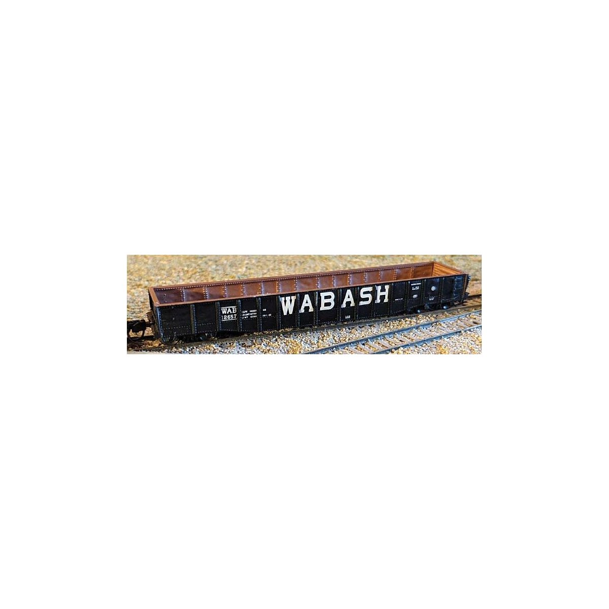 52`6` 15-Panel Mill Gondola - Heavily Dented Sides - Ready to Run -- Wabash 12657 (black, white), N, Bluford Shops 52187