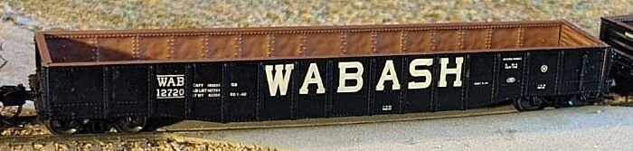52`6` 15-Panel Mill Gondola - Medium Dented Sides - Ready to Run -- Wabash 12720 (black, white), N, Bluford Shops 52185