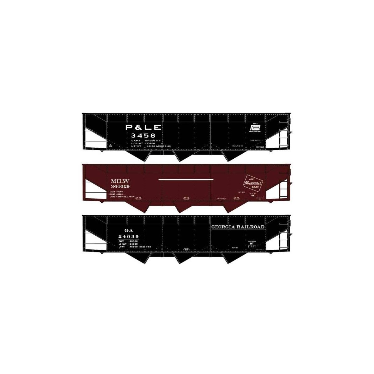 AAR 70-Ton Offset-Side 3-Bay Hopper 3-Pack - Kit -- 1 Each Pittsburgh & Lake Erie/PC, Milwaukee Road, HO, Accurail Inc 8185