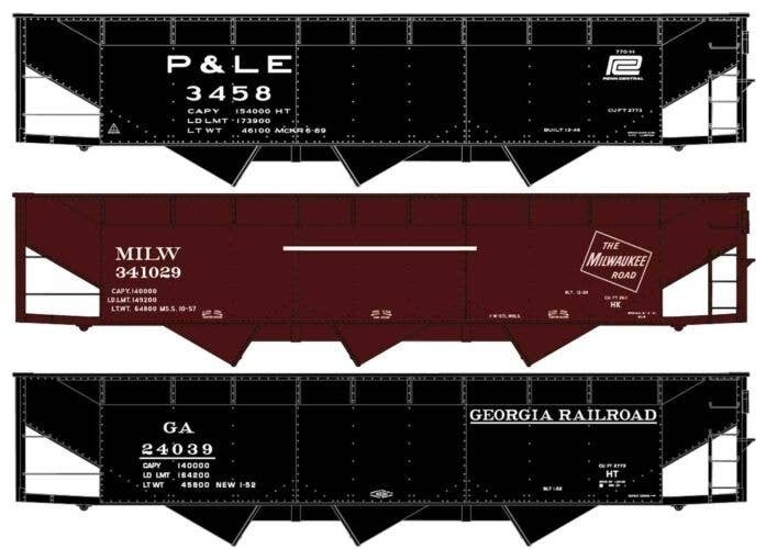 AAR 70-Ton Offset-Side 3-Bay Hopper 3-Pack - Kit -- 1 Each Pittsburgh & Lake Erie/PC, Milwaukee Road, HO, Accurail Inc 8185