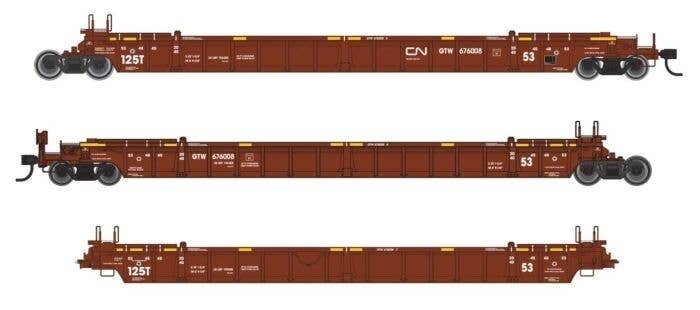 NSC Articulated 3-Unit 53′ Well Car - Ready-to-Run -- Canadian National GTW 676008, HO, WalthersMainline 55820