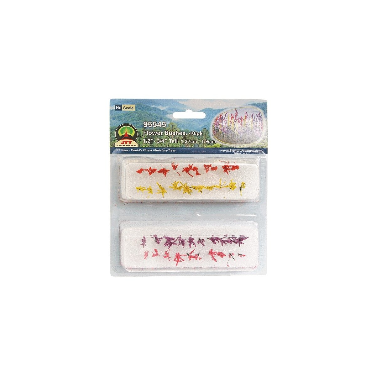 Flower Bushes -- 1/2 to 3/4′ 1.3 to 1.9cm Tall (red, pink, yellow, purple) pkg(40), HO, JTT Miniature Tree 95545