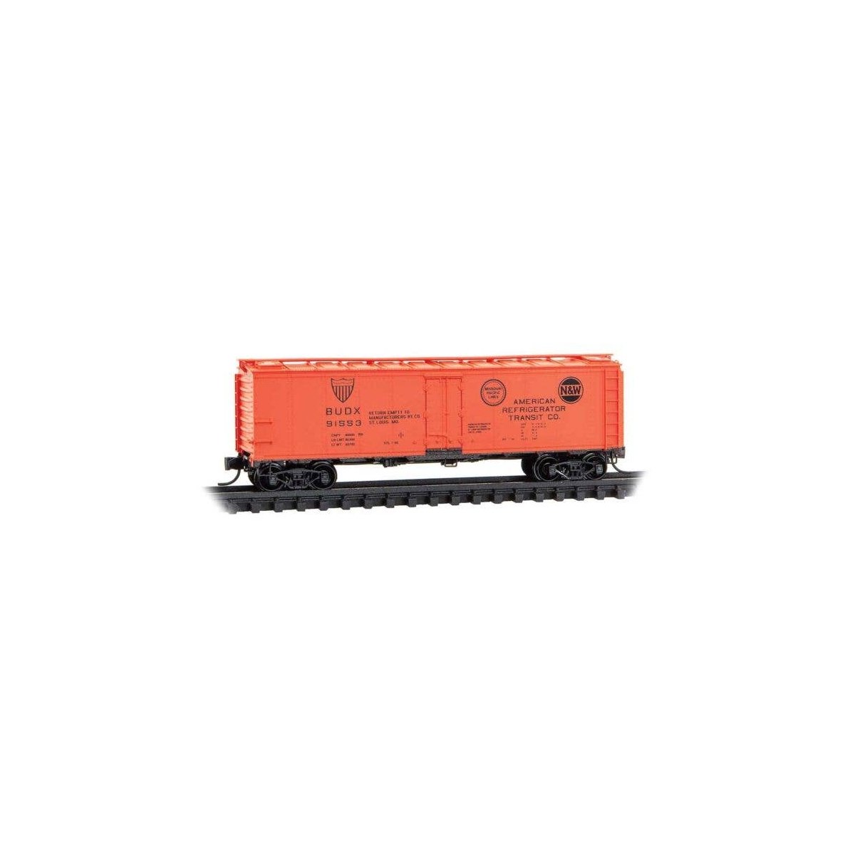 40′ Steel Ice Reefer - Ready to Run -- American Refrigerator Transit BUDX 91553 (orange, blac, N, Micro Trains Line 5900290