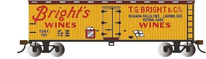 40` Wood Reefer - Ready to Run - Silver Series(R) -- Bright`s Wines (yellow, Boxcar red, red, HO, Bachmann Industries 19809