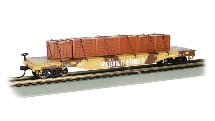 52′ Flatcar with Crate Load - Ready to Run - Silver Series(R) -- Strike Force (Desert Camouf, HO, Bachmann Industries 18934