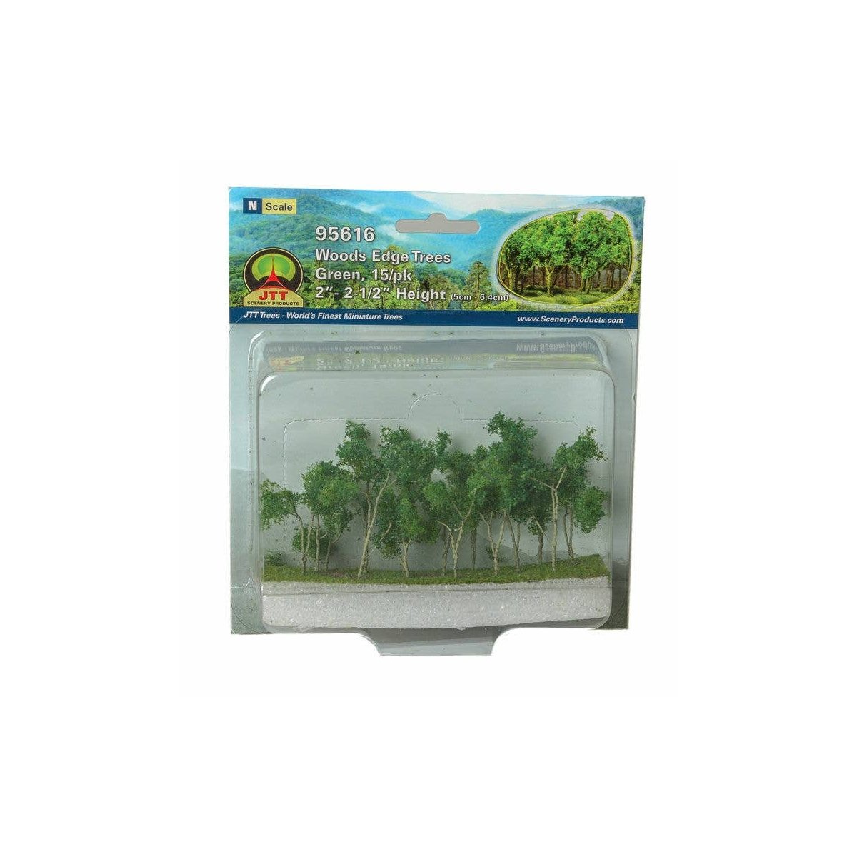 Woods Edge Trees -- Green - 2 to 2-1/2′ 5.1 to 6.4cm pkg(15), ALL, JTT Miniature Tree 95616