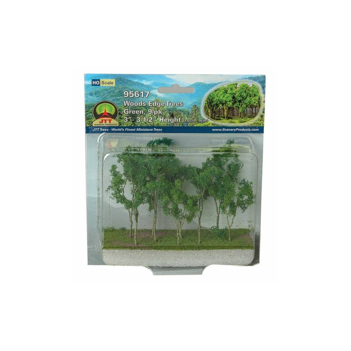 Woods Edge Trees -- Green - 3 to 3-1/2′ 7.6 to 8.9cm pkg(9), ALL, JTT Miniature Tree 95617