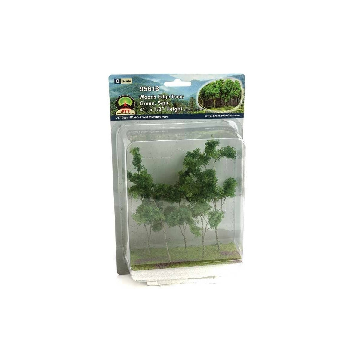 Woods Edge Trees -- Green - 4 to 5-1/2′ 10.2 to 14cm pkg(5), ALL, JTT Miniature Tree 95618