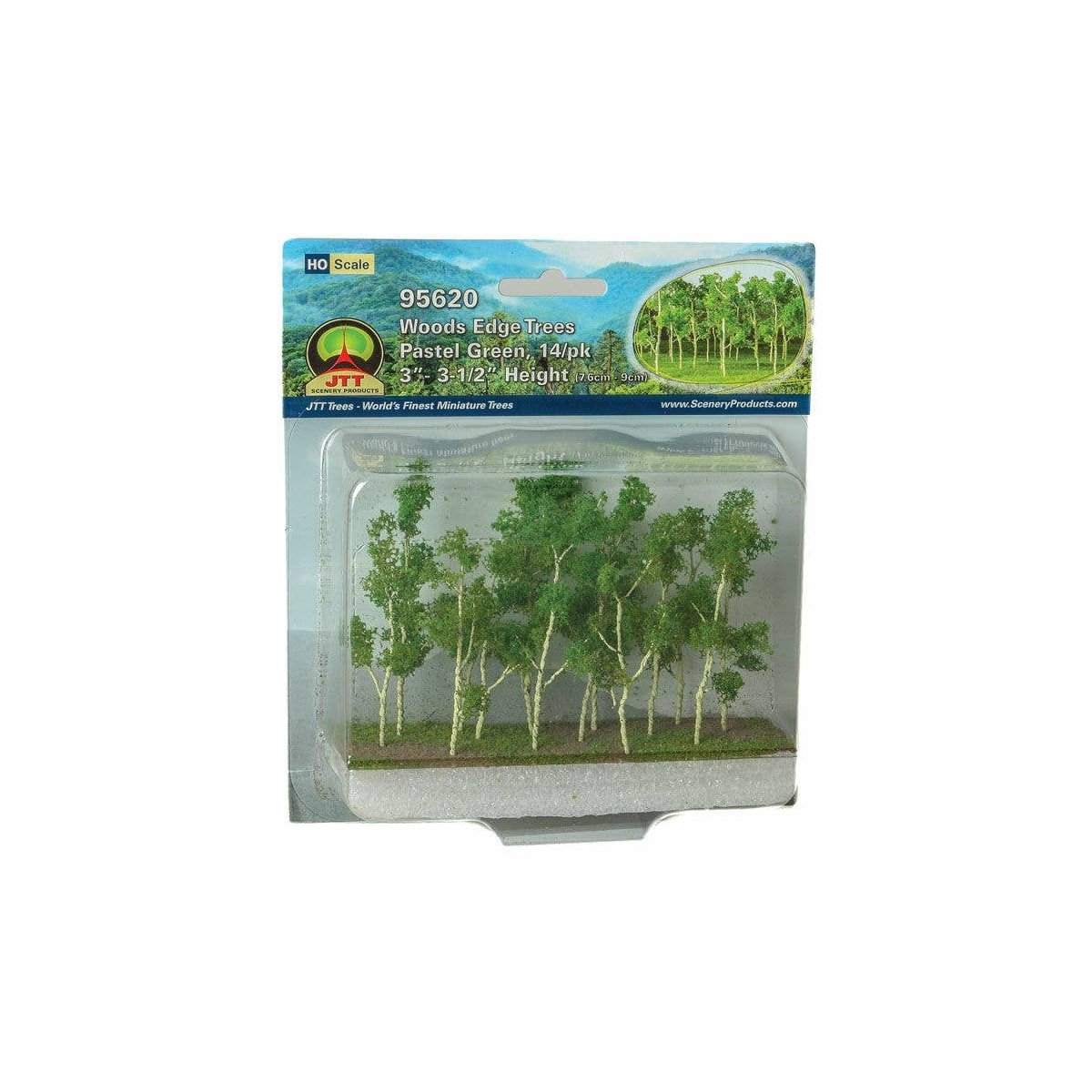 Woods Edge Trees -- Pastel Green - 3 to 3-1/2′ 7.6 to 8.9cm pkg(14), ALL, JTT Miniature Tree 95620