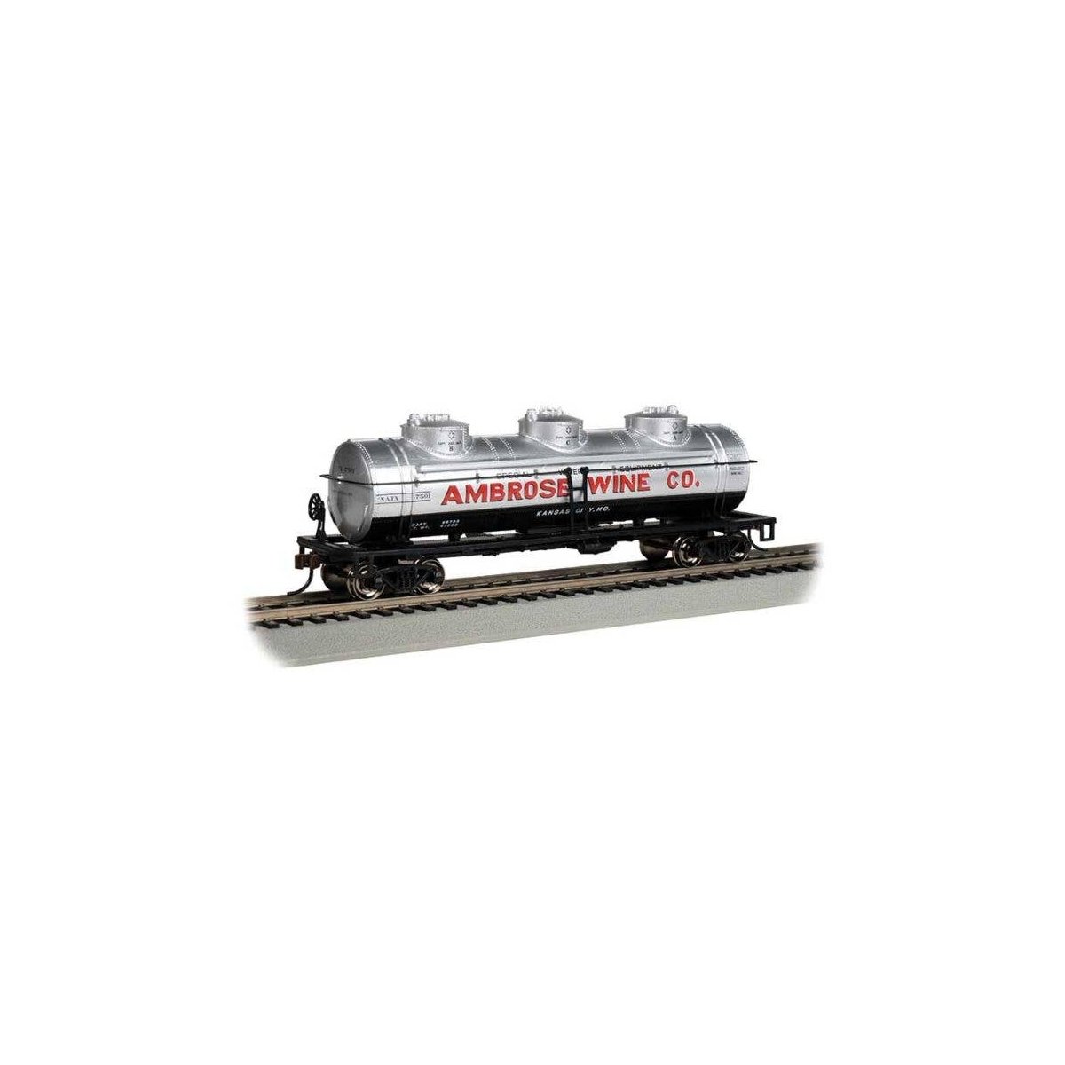 40′ 3-Dome Tank Car - Ready to Run - Silver Series(R) -- Ambrose Wine Co. NATX 7501, HO, Bachmann Industries 17111