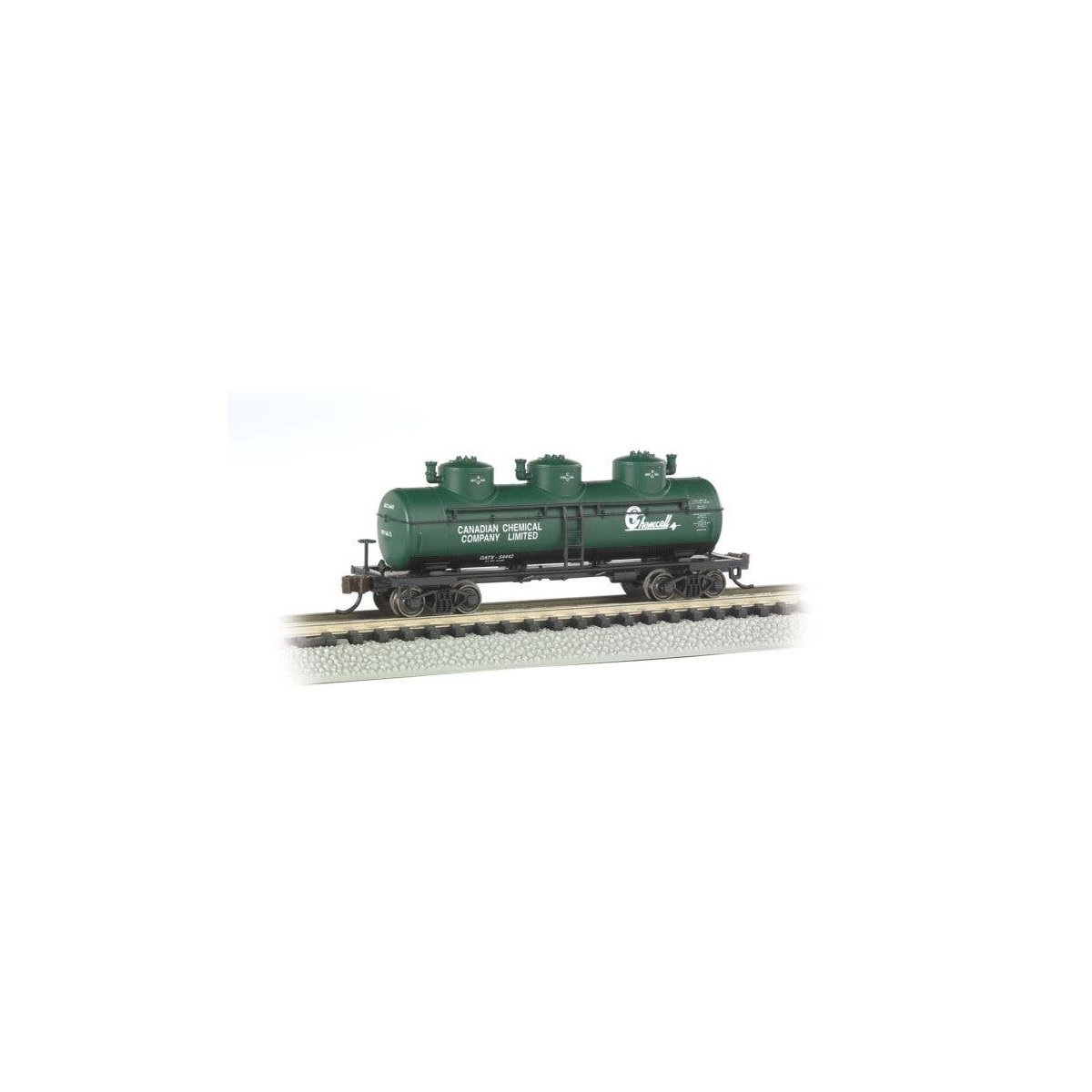 3-Dome Tank Car - Ready-to-Run -- Canadian Chemical Co., Ltd. GATX (green, white, black Chemc, N, Bachmann Industries 17152
