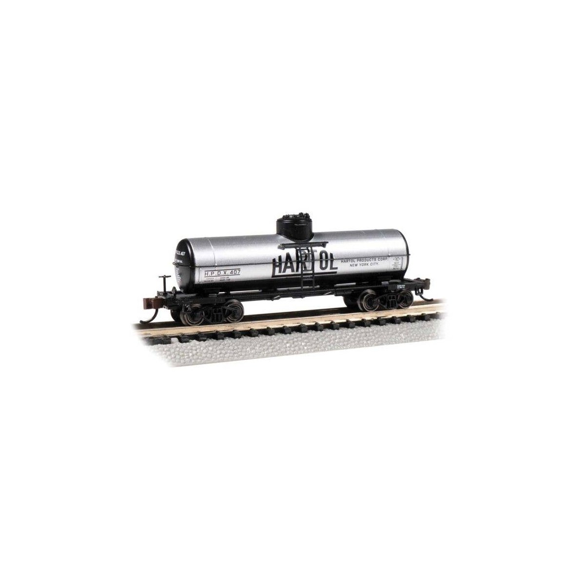 40′ Single-Dome Tank Car - Ready to Run - Silver Series(R) -- Hartol 407 (gray, black), N, Bachmann Industries 17868