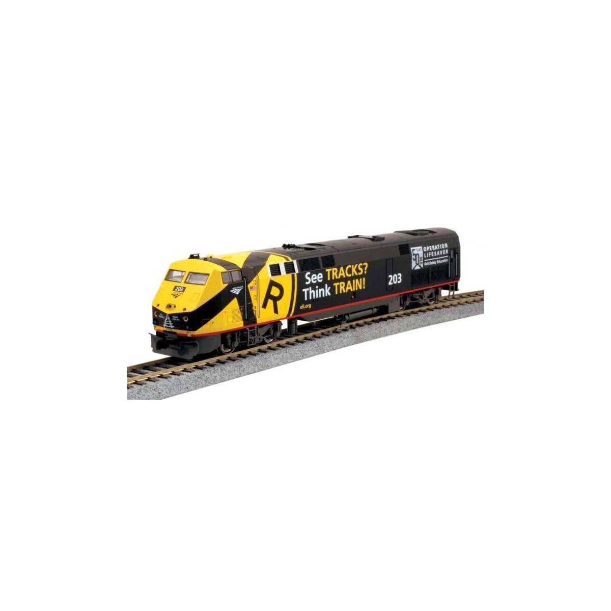 GE P42 Genesis - Standard DC -- Amtrak 203 (Operation Lifesaver 50th Anniversary black, yellow), HO, Kato USA Inc 376119