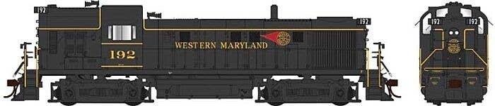 Alco RS3 Hammerhead High Hood - Standard DC -- Western Maryland 194 (black, yellow, Fir, HO, Bowser Manufacturing Co. 25407