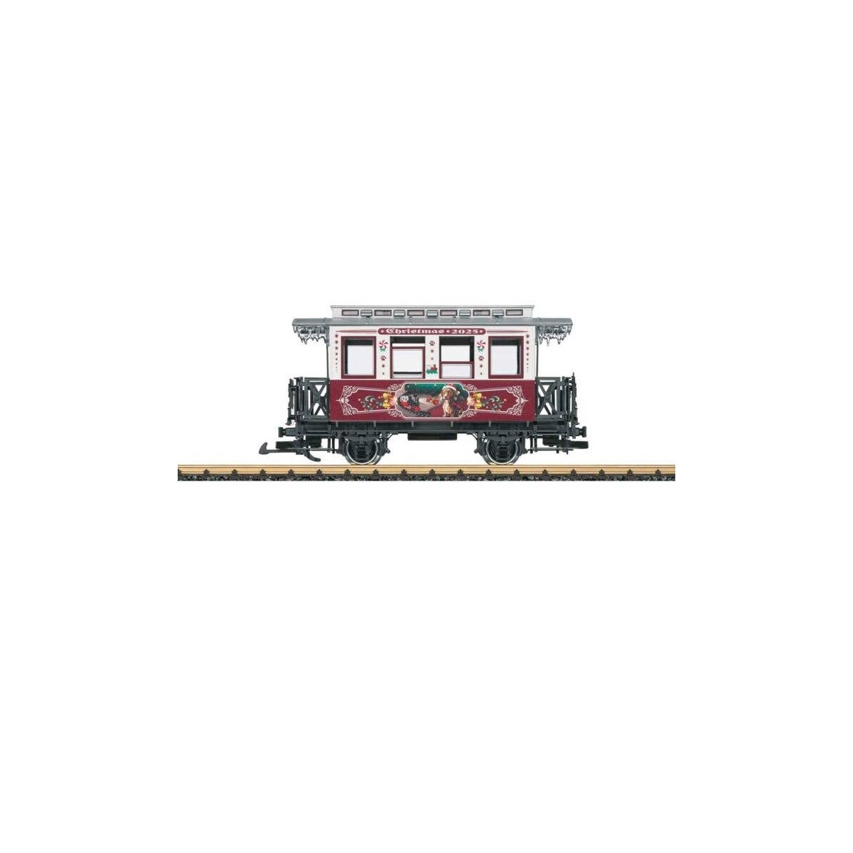 Wooden 2-Axle Passenger Car - Ready to Run -- 2025 Christmas Car (white, red, silver, Dog w/Train Scene), G, LGB 36025