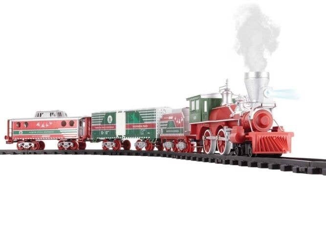North Pole Express Battery-Operated Train Set -- Steam Locomotive, 2 Cars Plastic Track (Double Oval), Re, O, Lionel 712127