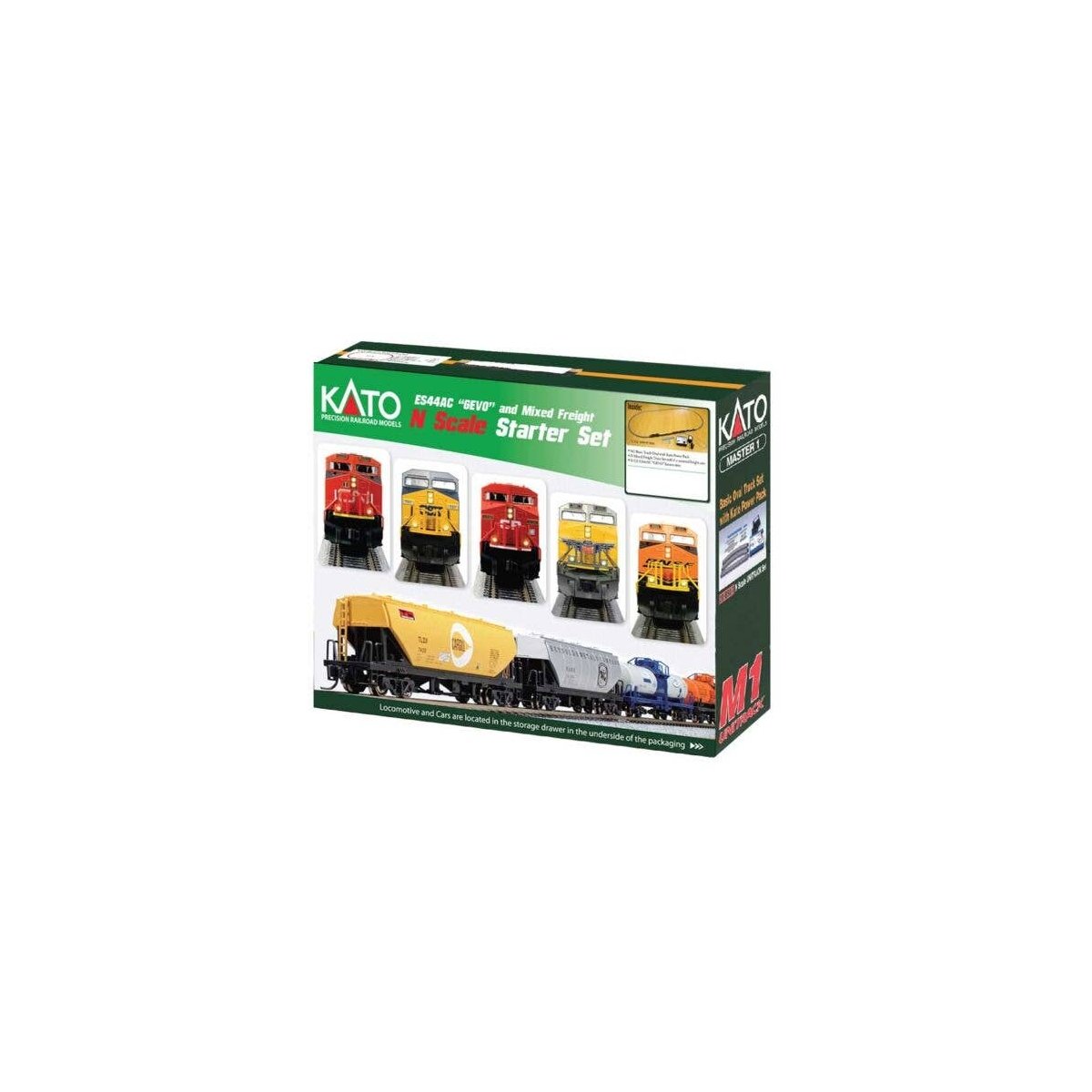 GE ES44AC GEVO Mixed Freight Starter Set - Standard DC -- CSX (Boxcar Logo), 6 Cars Unitrack M1 Ba, N, Kato USA Inc 1060021