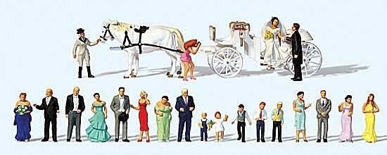 Wedding Reception with Horse-Drawn Carriage -- Carriage, Horses, 21 Figures, HO, Preiser Kg 13011