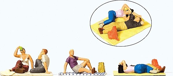 Pedestrians Taking a Rest -- 2 Couples on 2 Blankets, Man on Blanket w/Bag, HO, Preiser Kg 10618