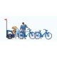 Family Getting Ready for Bicycle Ride -- Mother, Father, Toddler, 2 Bikes & Baby Trailer, HO, Preiser Kg 10635