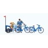 Family Getting Ready for Bicycle Ride -- Mother, Father, Toddler, 2 Bikes & Baby Trailer, HO, Preiser Kg 10635
