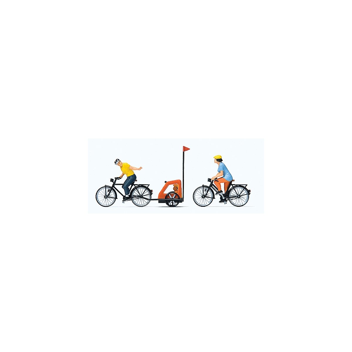 Family Bicycle Ride -- Mother, Father, Toddler, 2 Bikes & Baby Trailer, HO, Preiser Kg 10636